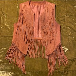 Vintage Womens Soutwestern Brown Tan Suede Crop Vest W. Tassels Fringe Small